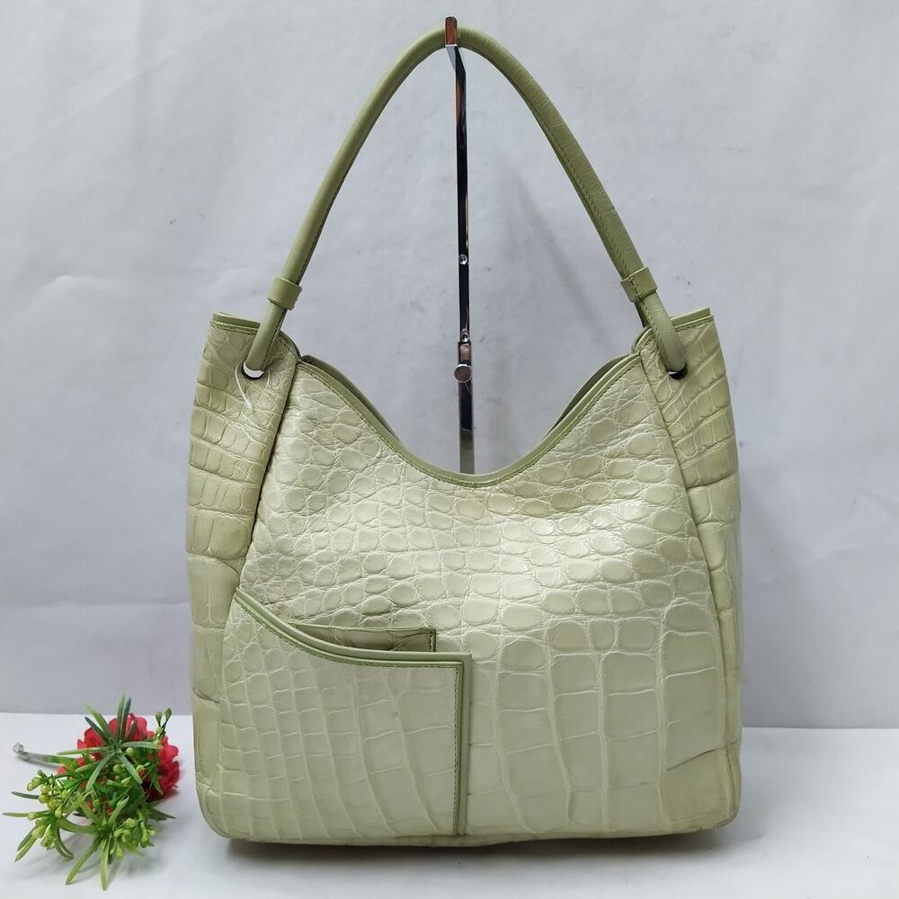 Mauro Governa Green Leather Crocodile Embossed Satchel Shoulder Bag